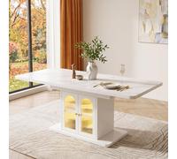 Mesa de comedor cuadrada con iluminación LED y superficie extensible, diseño con dos puertas, mesa de cocina con espacio de almacenamiento, para 6-8 personas, color blanco