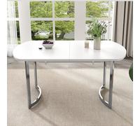 Mesa de comedor extensible blanca + patas plateadas 140/180 x 80 cm, longitud extensible 180 cm, patas de metal plateadas, estilo moderno, soporte de aleación de alta resistencia, adecuado para 4 - 6