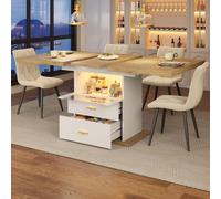 Mesa de comedor extensible con iluminación LED y cajones, mesa de cocina con superficie extensible de 110–140 cm, fabricada en MDF con imitación madera, color blanco