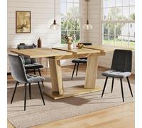 Mesa de comedor extensible de 120-160 cm, color marrón natural, mesa de cocina moderna con diseño de doble soporte y apariencia de madera MDF
