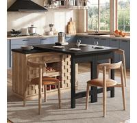 Mesa de comedor giratoria 360°, extensible, con puertas de estilo patchwork. Mesa de comedor con estante extraíble para vino y cajones. Mesa de cocina, color roble claro