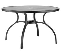Mesa de comedor para exteriores, redonda, de 120 cm de diámetro, con estructura de metal y listones de acero. Ideal para patios, jardines, porches y zonas al aire libre. Incluye un orificio de 38 mm p