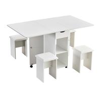 Mesa de comedor plegable con 4 sillas, 140 x 80 x 76 cm, ahorra espacio, 2 estantes y cajones, 6 ruedas con cerradura, ideal para cocina y comedor