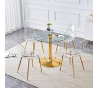 Mesa de comedor redonda con 4 sillas, diámetro de 85 cm, tapa de cristal, patas de metal doradas