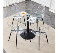 Mesa de comedor redonda con 4 sillas, diámetro de 85 cm, tapa de cristal, patas de metal en color negro