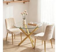 Mesa de comedor redonda de 80 x 80 cm con tablero de cristal templado y patas metálicas ajustables en altura con aspecto dorado, mesa de centro compacta/mesa de cocina para 2-4 personas, ahorra