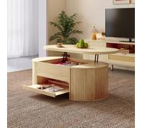 Mesa de conferencias okwish con laterales de madera curvada, mesa de centro con estante extraíble, mesa auxiliar con superficie elevable, mesa auxiliar multifuncional, diseño natural