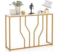 Mesa de consola con estructura metálica geométrica, mesa de entrada, 110 x 30 x 80 cm, color dorado y blanco