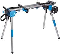 – Mesa de corte plegable y móvil, ideal para sierras circulares y de cinta, equipada con soportes con ruedas, compartimentos para herramientas, construcción de acero y aluminio, y una capacidad de car