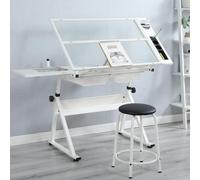 Mesa de dibujo con silla, mesa de dibujo de vidrio blanca, con altura ajustable