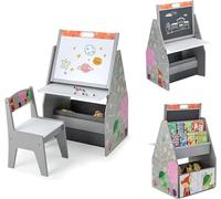 Mesa de dibujo para niños con caballete, juego de mesa y silla para niños con pizarra magnética de doble cara giratoria y pizarra blanca, estantería y compartimento de almacenamiento, mesa de dibujo p