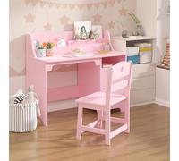 Mesa de estudio y silla para niños, mesa de aprendizaje de madera con almacenamiento, cabaña y tablón de anuncios, escritorio de ordenador con silla para niños y niñas de 3 a 8 años (Pink)
