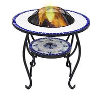 Mesa de fuego con mosaico de cerámica, 68 cm, con brasero de acero, protección contra chispas y atizador, superficie redonda de cerámica para bebidas, también se puede utilizar como barbacoa