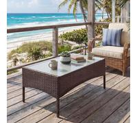 Mesa de jardín de polirattan modelo Halden, mesa auxiliar con superficie de vidrio, color marrón jaspeado