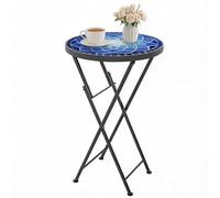 Mesa de jardín para exteriores Outsunny Mosaic, mesa de centro plegable redonda de 35,5 cm con estructura metálica para balcón o terraza, azul marino.