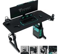 Mesa de juego SENSE7 Nomad Basic, escritorio para juegos, 120x60 cm, mesa para ordenador, mesa para PC, escritorio para gamers, diseño con efecto carbono, soporte para auriculares, sistema de gestión