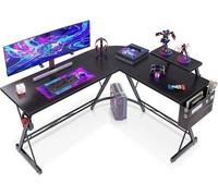 Mesa de juego y escritorio en forma de L – Mesa angular negra con esquinas redondeadas, soporte para monitor, 147 x 120 cm