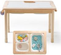 Mesa de juegos para niños con papel de dibujo, mesa de madera para niños con espacio de almacenamiento, altura ajustable, 3 cajas de almacenamiento plegables, tablero de mesa reversible, mesa de arena