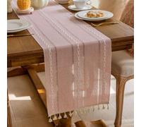 Mesa de lino de algodón rústico verde salvia para camino, diseño hueco bordado para cocina, comedor, 33 x 180 cm (rosa)
