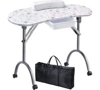 Mesa de manicura portátil, plegable, tipo estación de trabajo. Escritorio para profesionales de la manicura y la estética, con ruedas, funda de transporte, cajón y esponja (blanca)