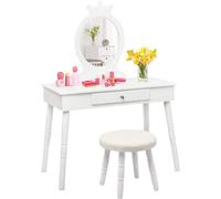Mesa de maquillaje 2 en 1 para niños, con espejo y taburete, color blanco