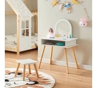 Mesa de maquillaje para niños con taburete "Ovanåker". Mesa de tocador con espejo, color blanco/natural