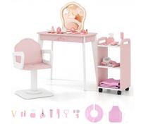 Mesa de maquillaje para niños de COSTWAY, con silla giratoria, carrito de peluquería, accesorios, iluminación ajustable y espejo desmontable. Mesa de peluquería para niños de 3 a 7 años, color rosa
