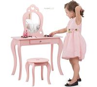 Mesa de maquillaje para niños de COSTWAY con taburete y espejo desmontable, mesa de maquillaje de madera para niñas, mesa infantil con cajón, mesa con espejo de 70 x 34 x 105 cm