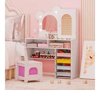 Mesa de maquillaje para niños, mesa de maquillaje infantil con iluminación, espejo, armario, 5 cajones y compartimentos, mesa de tocador de madera, para niñas a partir de 3 años, color blanco