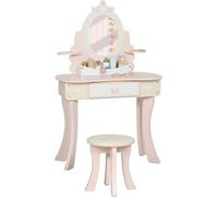 Mesa de maquillaje para niños, silla, cajón, espejo desmontable, escritorio infantil con 7 accesorios, diseño 2 en 1, MDF, color rosa
