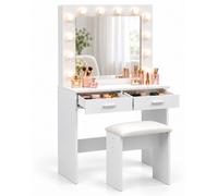 Mesa de maquillaje Relaxdays con taburete, espejo estilo Hollywood, iluminación, 2 cajones, dimensiones: 140x80x40 cm, mesa de tocador, color blanco