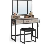 Mesa de maquillaje VASAGLE con espejo abatible de 3 partes, soporte para secador de pelo, mesa de cosméticos con taburete acolchado, 3 cajones y diseño industrial