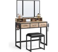 Mesa de maquillaje VASAGLE con taburete acolchado, mesa de maquillaje con espejo triple, 3 cajones, soporte para secador de pelo, mesa de cosméticos, estilo industrial