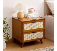 Mesa de Noche de bambú Moderna con 2 cajones, Mesa Auxiliar Boho Beige para Dormitorio, decoración de la Oficina, solución de Almacenamiento Robusta y espaciosa, Superficie fácil de Limpiar