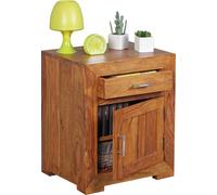 Mesa de noche de madera maciza de Sheesham, diseño moderno, con cajón y puerta, de 60 cm de ancho. Mesita de noche para cama con somier, modelo WL1.761