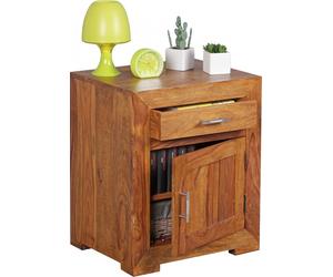 Mesa de noche de madera maciza de Sheesham, diseño moderno, con cajón y puerta, de 60 cm de ancho. Mesita de noche para cama con somier, modelo WL1.761