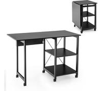 Mesa de ordenador plegable COSTWAY, escritorio con dos estantes y 6 ruedas, mesa de trabajo negra