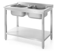 Mesa de pared de acero inoxidable de 100x70x85 cm – Encimera de acero inoxidable con doble lavabo, estante giratorio y panel posterior