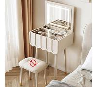Mesa de tocador ajustable de madera con luz LED tricolor con espejo abatible, escritorio de maquillaje que ahorra espacio con taburete, elegante acabado blanco, 60 cm / 23.6in para dormitorios