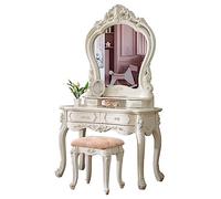 Mesa de tocador de maquillaje de lujo con taburete tapizado con espejo grande y 4 cajones, elegante mueble de dormitorio de estilo europeo para niñas y mujeres en color blanco