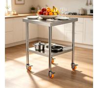 Mesa de trabajo de acero inoxidable con 4 ruedas, ideal para cocina, con altura ajustable, móvil, de doble capa, para barbacoa, con capacidad de hasta 300 kg. Mesa de acero inoxidable para restaurante