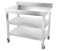Mesa de trabajo de acero inoxidable de 1200 x 600 mm, con soporte y 2 estantes con ruedas, modelo PREMIUM - GOLDINOX