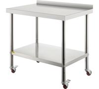 Mesa de trabajo de acero inoxidable. Mesa de acero inoxidable con superficie ajustable en altura. Mesa de cocina con 4 ruedas universales y borde elevado. Dimensiones: 91,4 x 61 x 89 cm