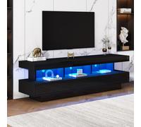 Mesa de TV okwish con iluminación LED y control mediante aplicación Bluetooth, 160x38x50,5 cm, mueble para televisión, mueble de salón, acabado brillante, soporte de TV de cristal para sala de estar, 