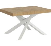 Mesa extensible de 90x120/380 cm, modelo Volantis, con tapa en roble natural y estructura blanca