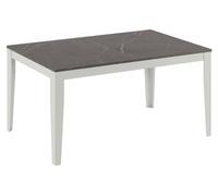 Mesa extensible grande de melamina con aspecto de mármol gris antracita y estructura de metal blanco. Dimensiones: 130/290 x 80 x 76 cm. Diseño moderno