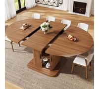 Mesa extensible MODFU con forma ovalada (110–149,8 cm), espacio de almacenamiento integrado y puertas correderas, ideal para la cocina y el comedor, en madera de nogal