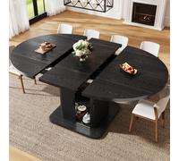 Mesa extensible MODFU con forma ovalada (110–149,8 cm), espacio de almacenamiento integrado y puertas correderas, mesa de cocina con compartimento para utensilios, color