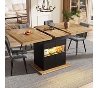 Mesa extensible MODFU, con superficie de 110-140 cm, mesa de cocina con estante ajustable, vitrina con iluminación LED y espacio de almacenamiento, color
