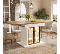 Mesa extensible MODFU, de 110 a 140 cm, mesa de cocina con iluminación LED, mesa de comedor con puertas correderas de vidrio, tiradores ocultos y cajones, color blanco